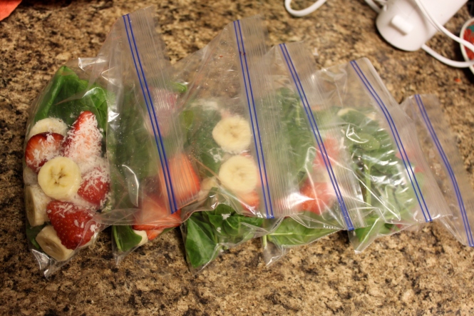 Next were my smoothie bags! I love drinking the protein smoothies during the week as one of my snacks! This way I can just grab a bag, pour it in my blender, add the extras that can't go in the bag,  and shake! No slicing and dicing when I'm in a hurry. In each bag I added: 1 handful spinach/kale mix, 1/2 cut up banana, 3 strawberries halved, a bit of coconut. My greek yogurt, protein powder, and almond milk I'll add in when I get to it, so it doesn't get to soggy. I made 5 bags. 